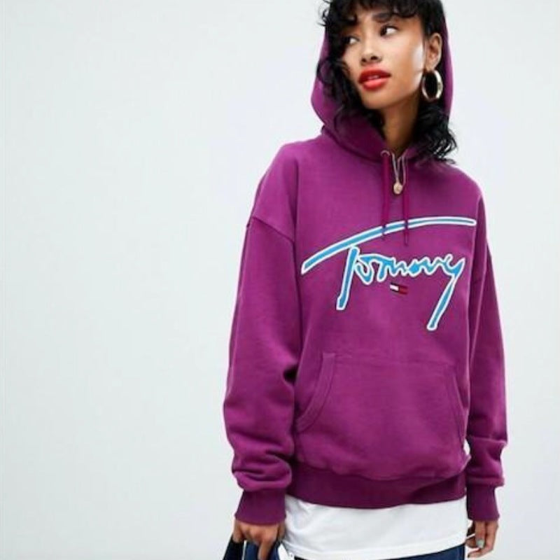 『Tommy Jeans シグネチャーカプセルロゴフーディー』ダークパープル フロントロゴパーカー Dark purple : XS