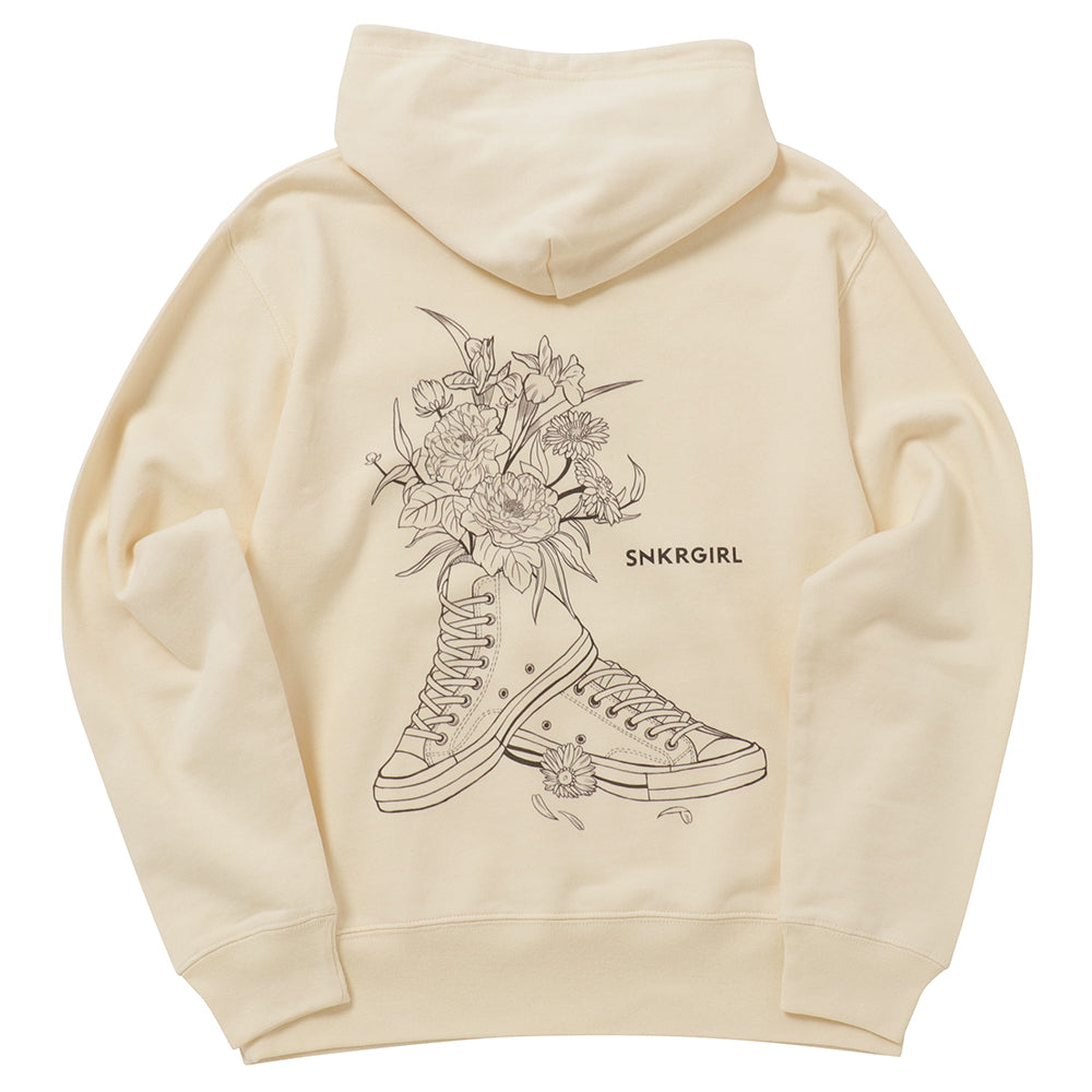 SNKRGIRLプルオーバーパーカー "Flowers n' Kicks" 黒ライン(バックロゴ,オフホワイト)