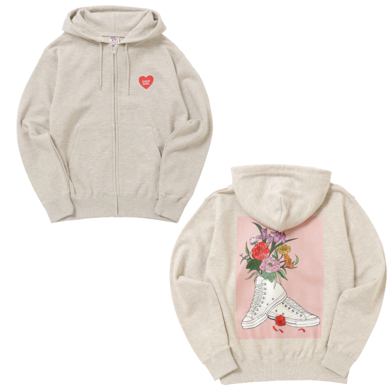 SNKRGIRLジップアップパーカー "Flowers n' Kicks" カラー (バックロゴ&ハートロゴ)